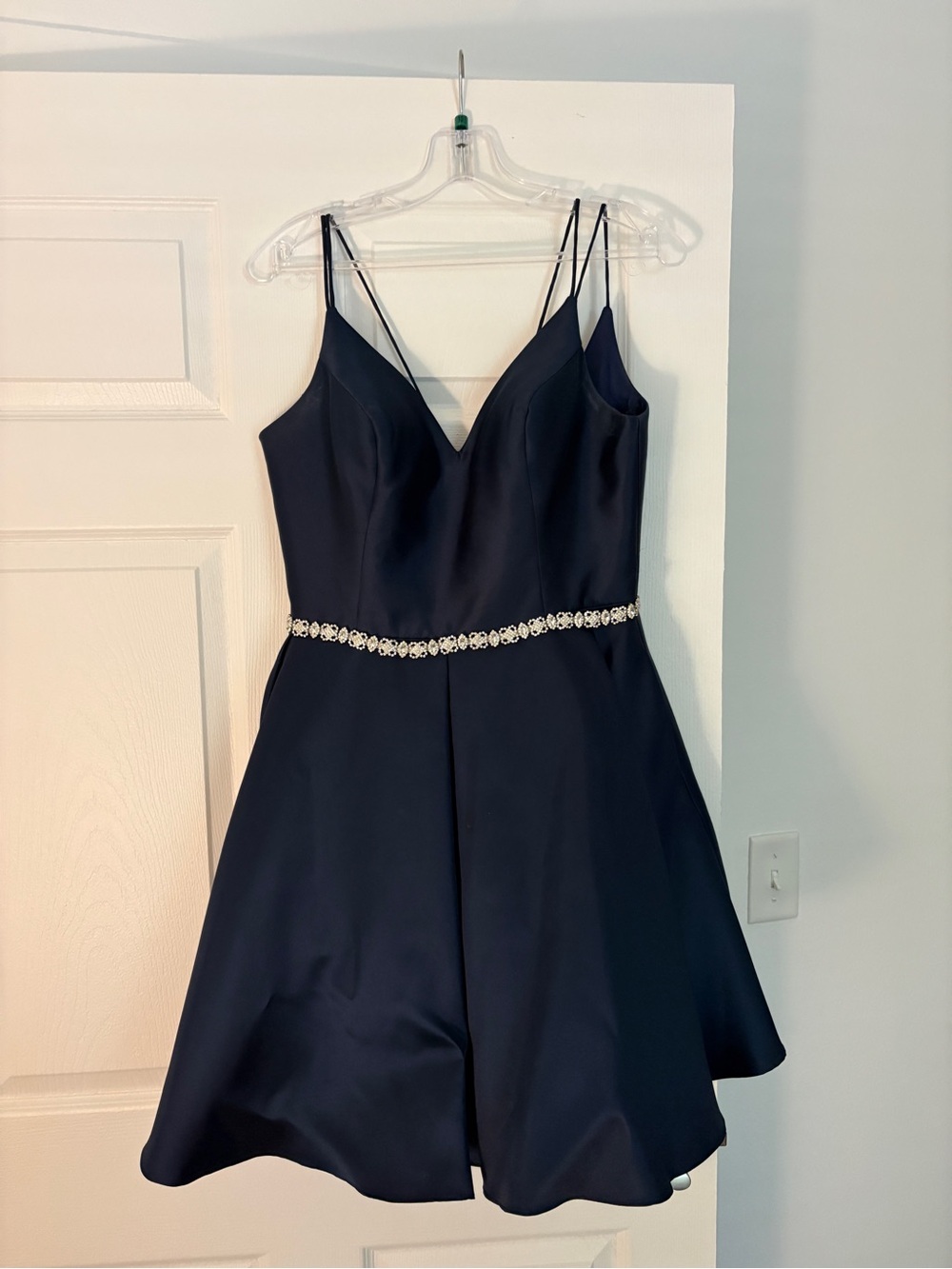Homecoming/Formal Navy V-Neck A-Line Dress with Beaded Waist